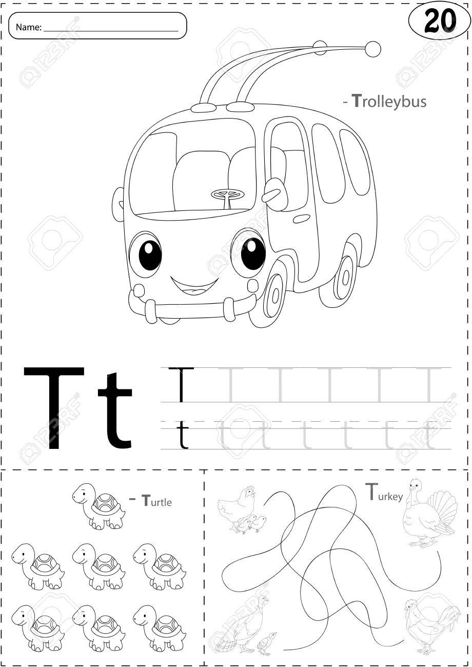 Cartoon Trolleybus, Turtle And Turkey. Alphabet Tracing Worksheet:..