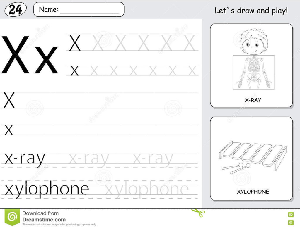 Cartoon X Ray Boy And Xylophone. Alphabet Tracing Worksheet