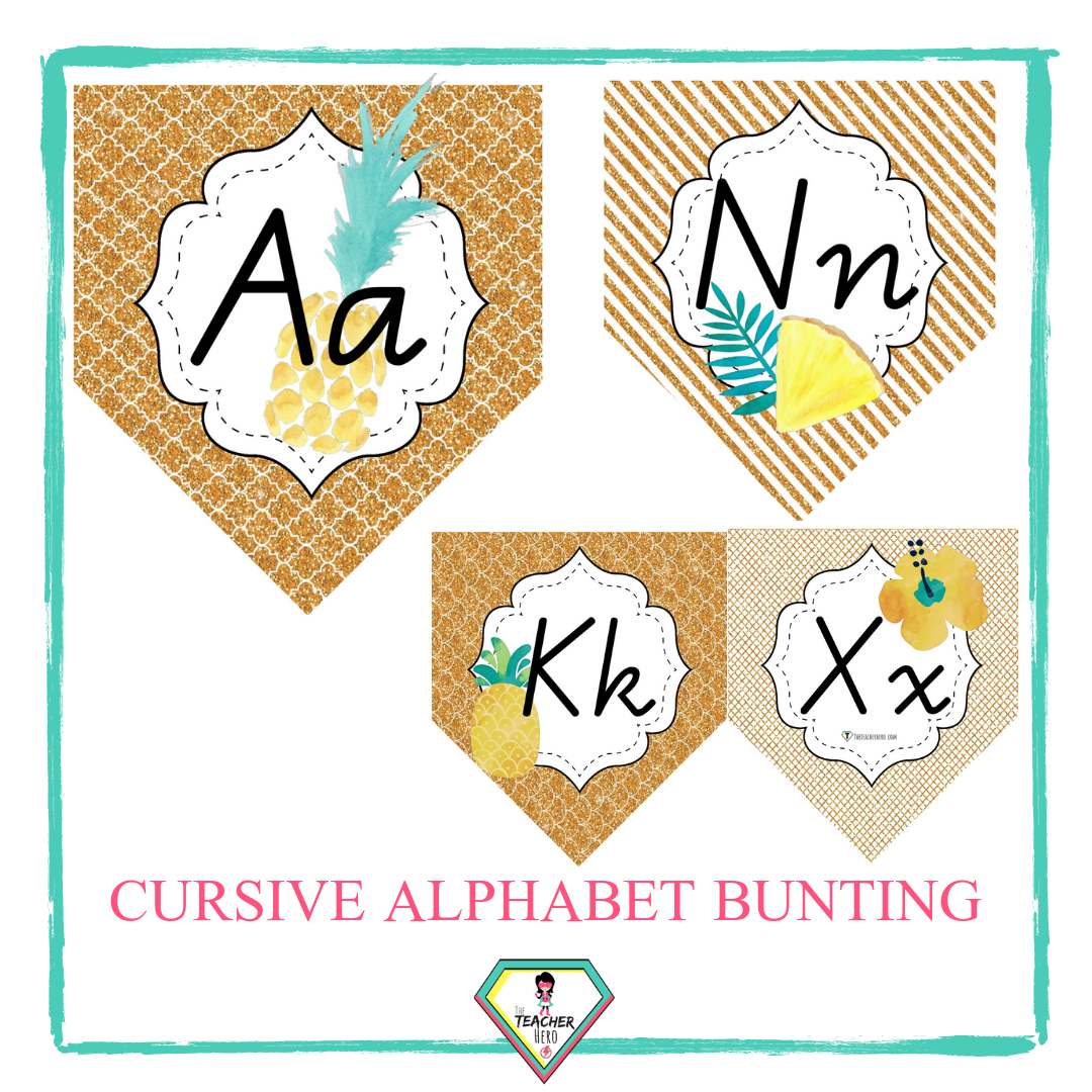 Cursive Alphabet Bunting-Gold &amp;amp; Pineapple Theme