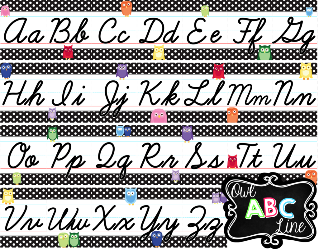 Cursive Alphabet Line   Rainbow Owl With Black & White Polka