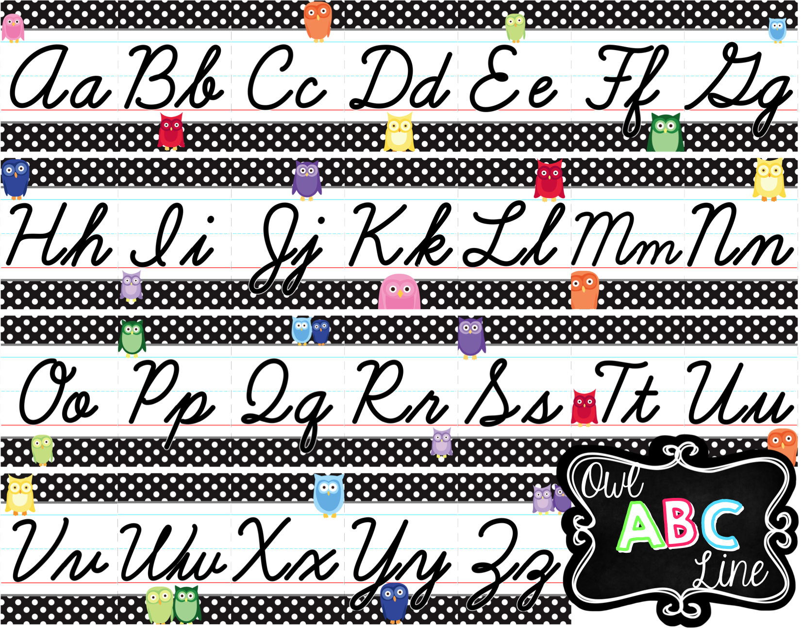 Cursive Alphabet Line - Rainbow Owl With Black &amp;amp; White Polka