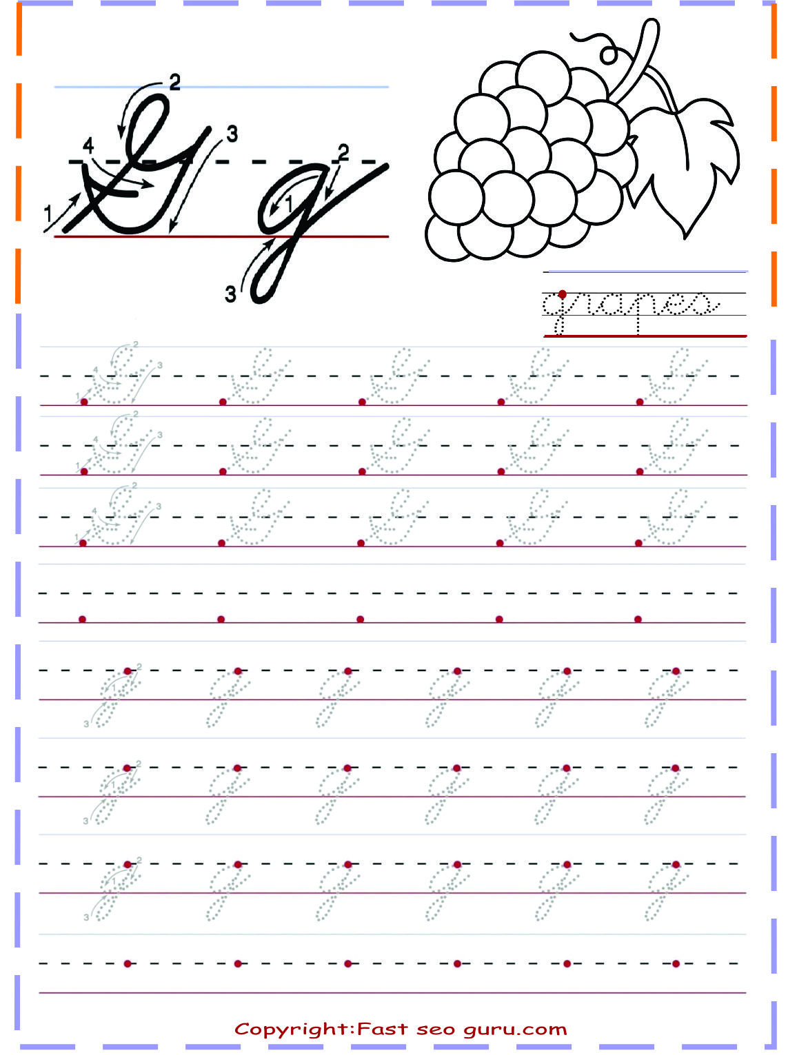 Cursive Handwriting Practice Worksheets Letter G For Grapes