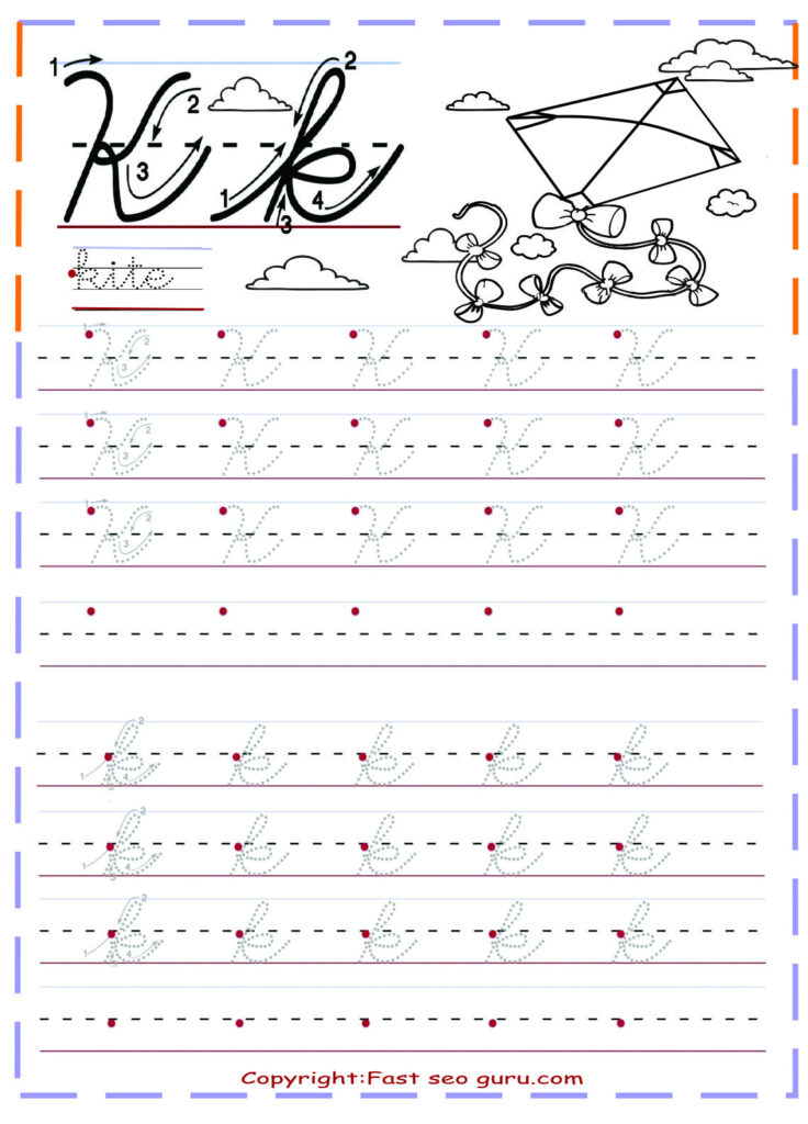 Cursive Handwriting Tracing Worksheets Letter K For Kite