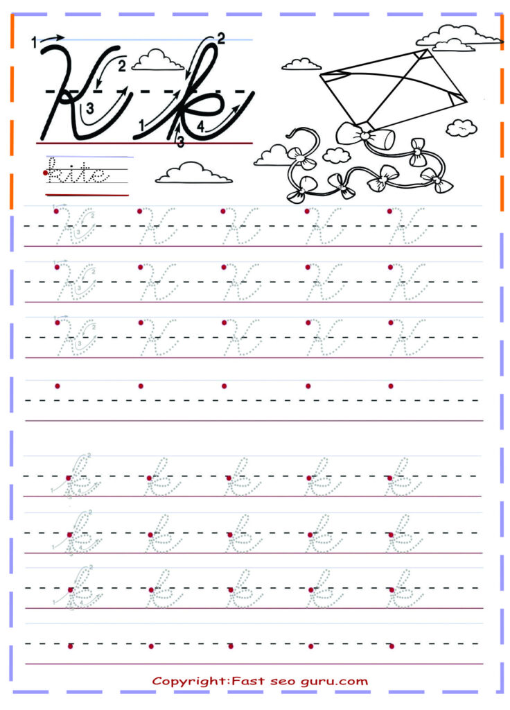 Cursive Handwriting Tracing Worksheets Letter K For Kite Cursive Handwriting Tracing Worksheets Letter K For Kite
