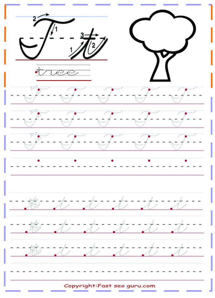 Cursive Handwriting Tracing Worksheets Letter T For Tree