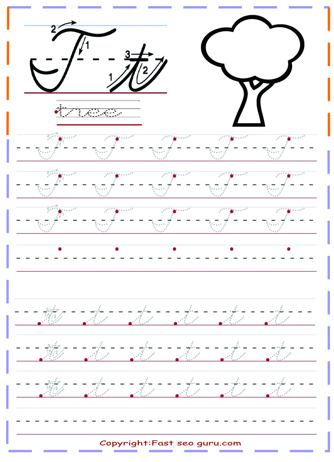 Cursive Handwriting Tracing Worksheets Letter T For Tree