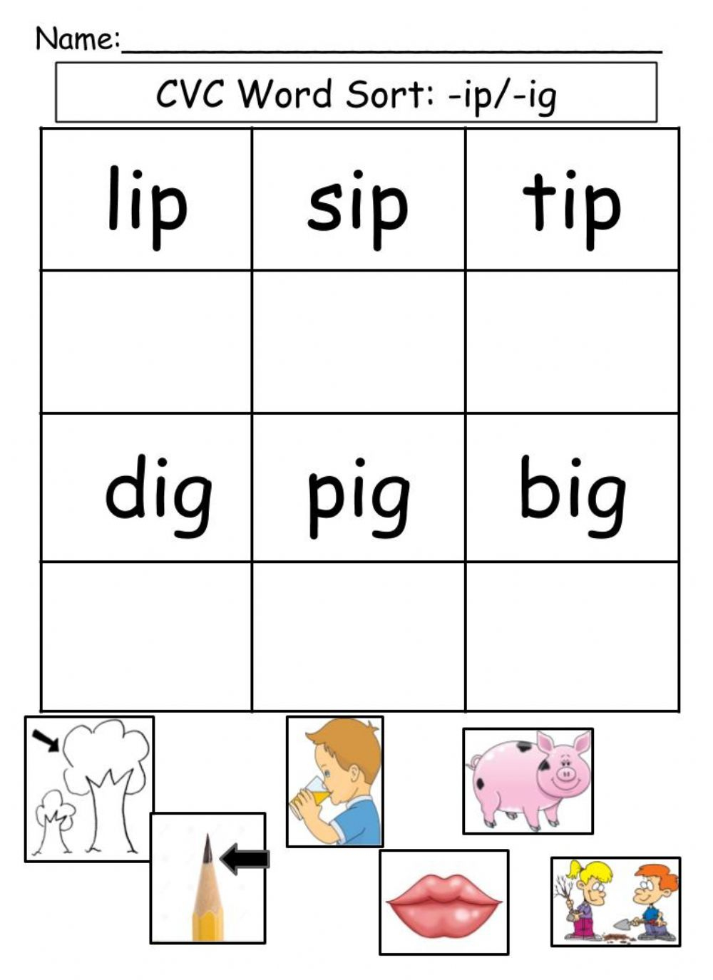 Cvc Words -Ip--Ig - Interactive Worksheet