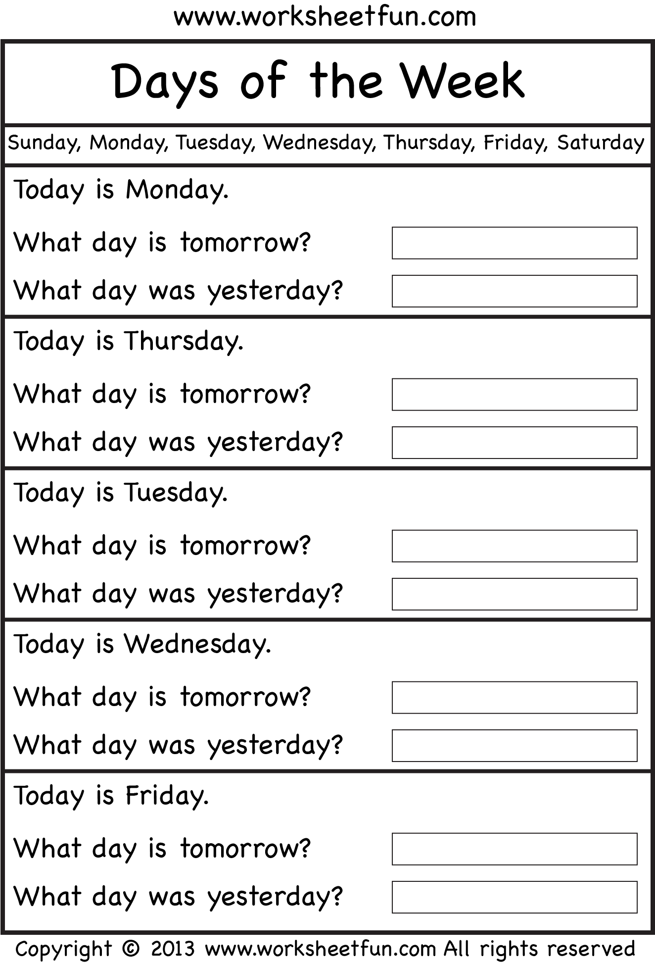 Days Of The Week – Worksheet / Free Printable Worksheets