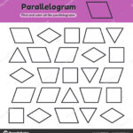 Educational Worksheet For Kids Kindergarten, Preschool And School Age.  Geometric Shapes. Rhombus, Parallelogram, Triangle, Square, Trapezoid. Find  And
