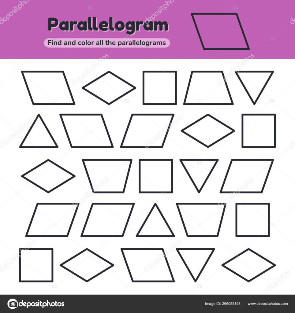 Educational Worksheet For Kids Kindergarten, Preschool And School Age.  Geometric Shapes. Rhombus, Parallelogram, Triangle, Square, Trapezoid. Find  And