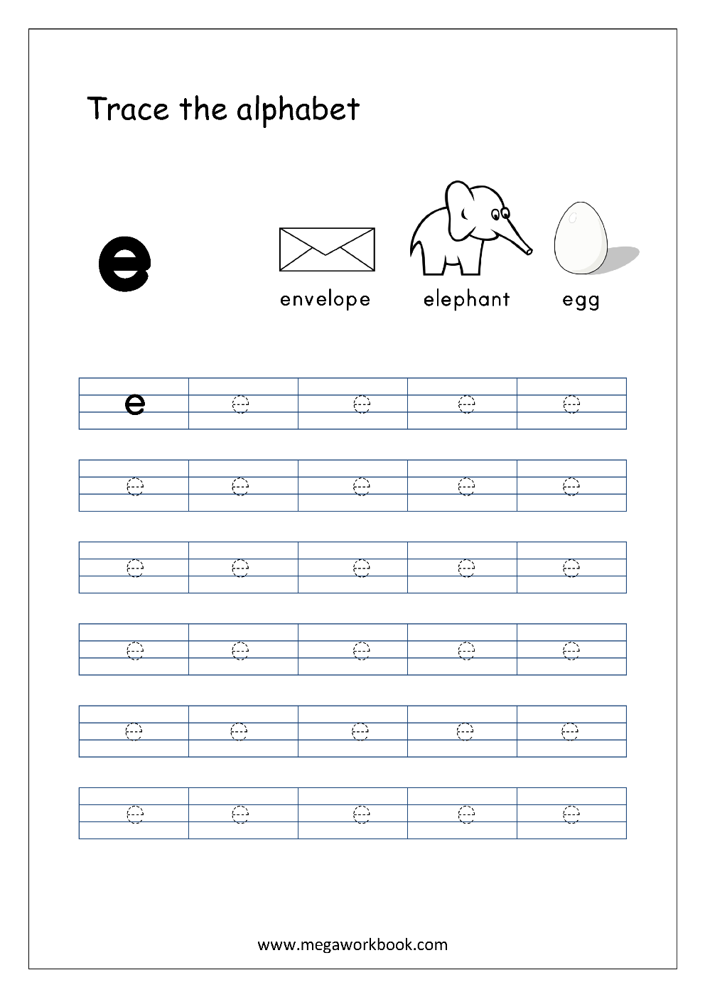 English Worksheet - Alphabet Tracing - Small Letter E with Letter E Tracing Sheets