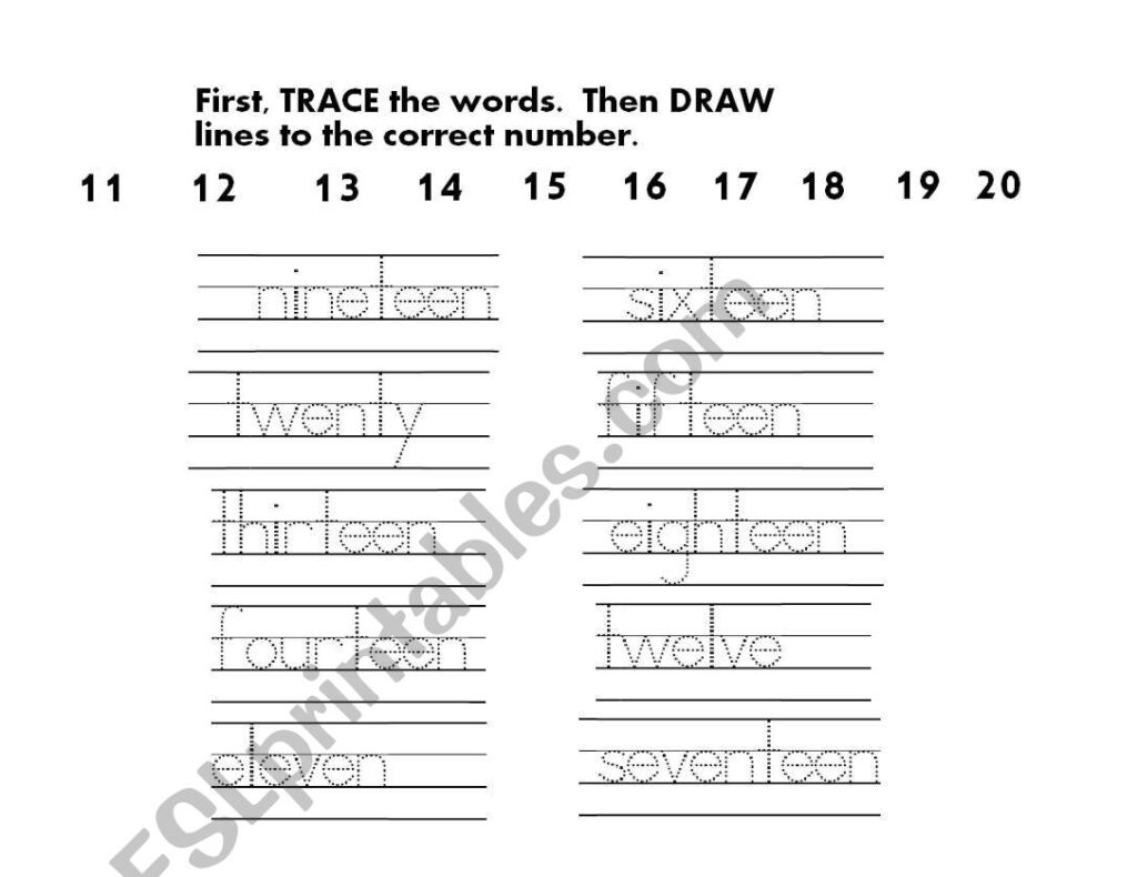 English Worksheets: Numbers 11 20 Trace And Draw