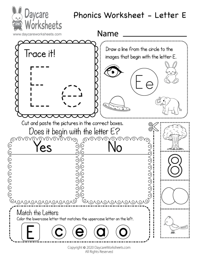 Free Letter E Phonics Worksheet For Preschool   Beginning Sounds Pertaining To Letter Worksheets E