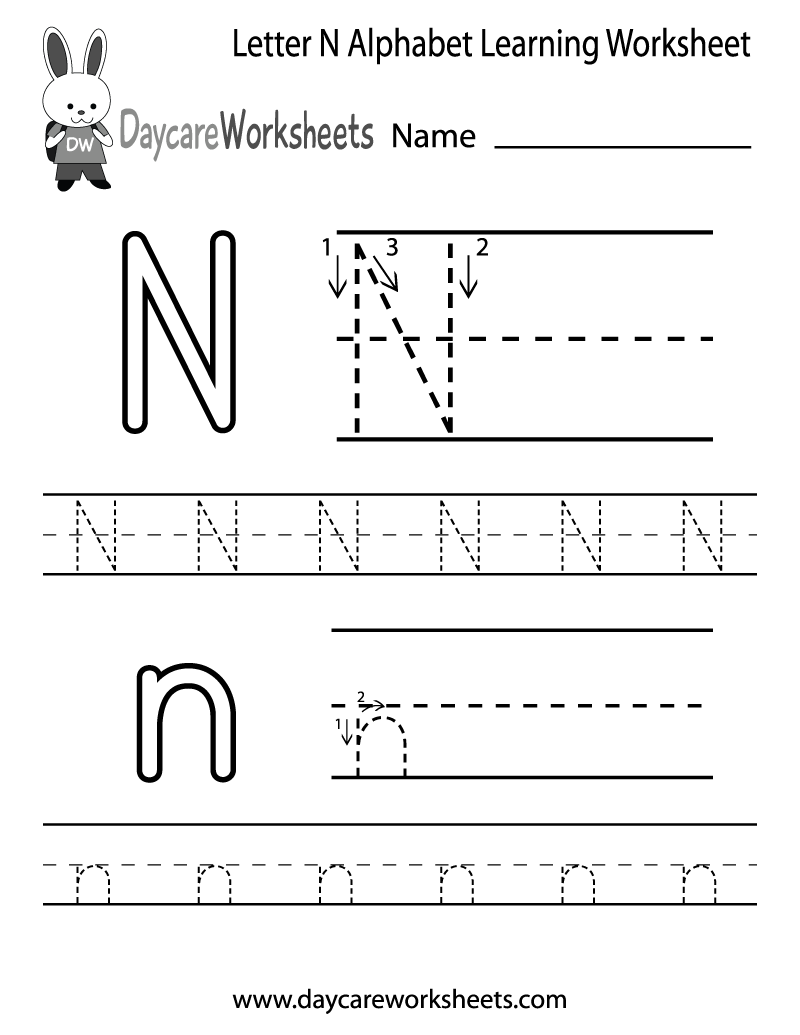 Free Letter N Alphabet Learning Worksheet For Preschool within Letter N Tracing Page