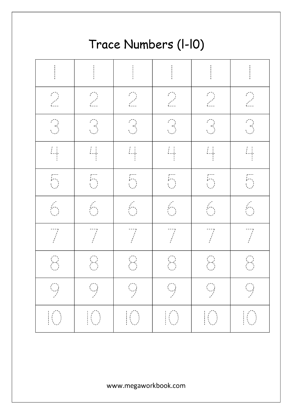 Free Math Worksheets - Number Tracing And Writing (1-10