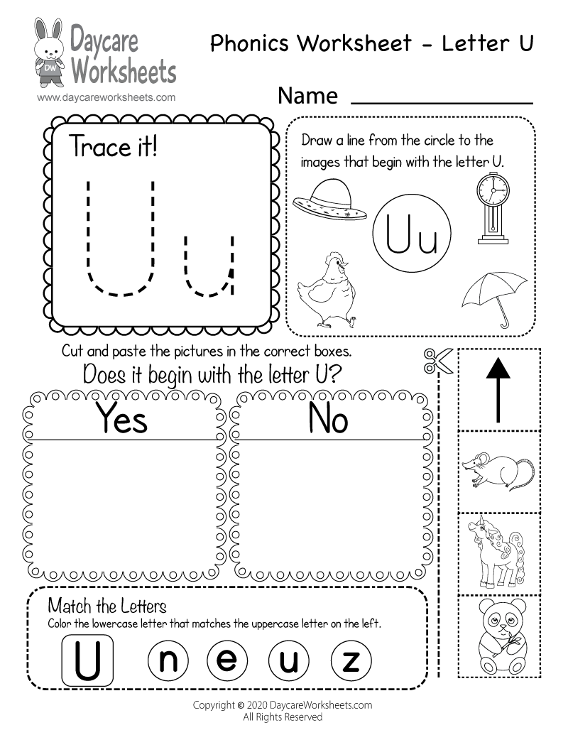 Free Printable Letter U Beginning Sounds Phonics Worksheet in Letter U Worksheets Printable