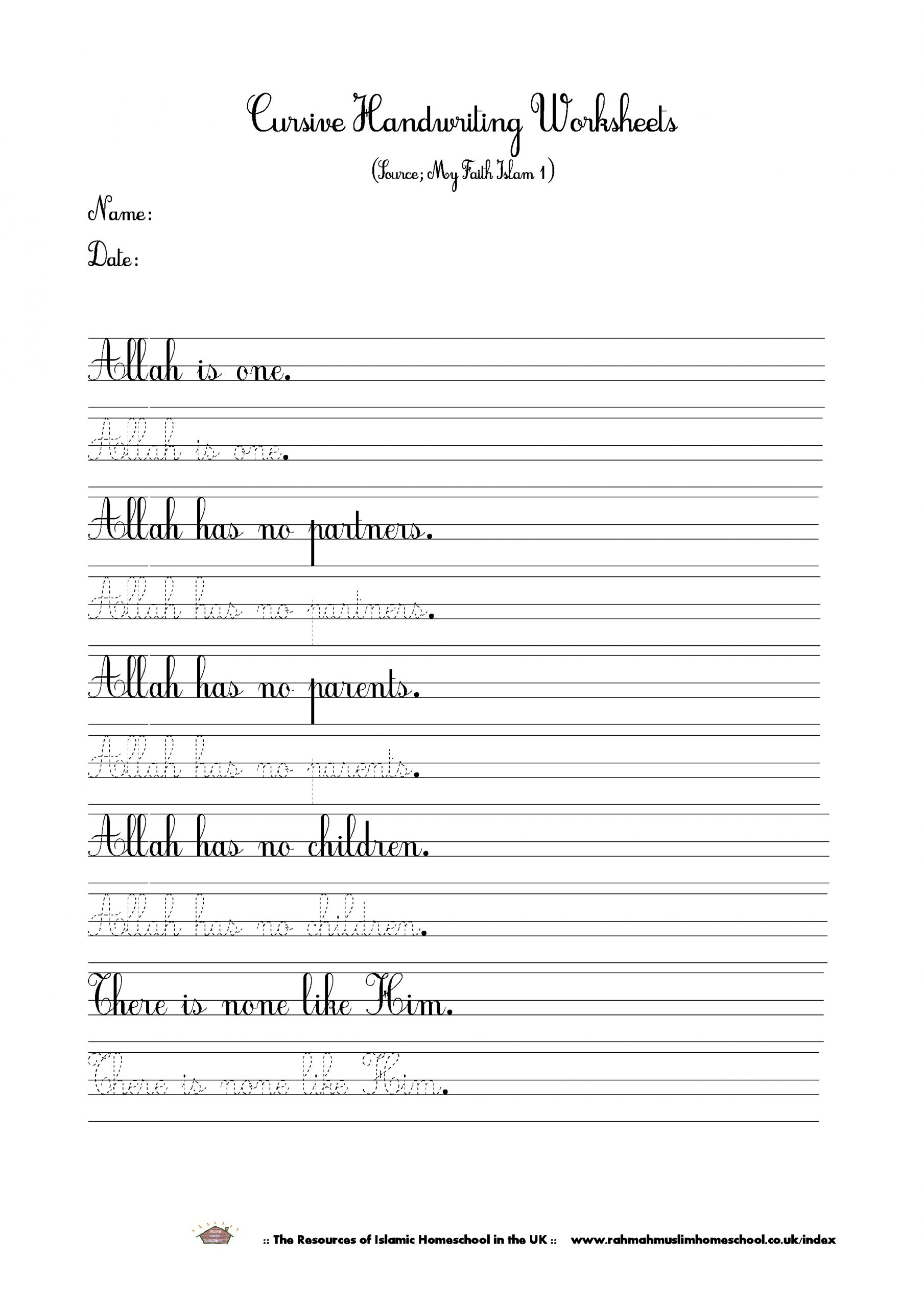 Islamic Cursive Handwriting Worksheet About Tawheedtauhid