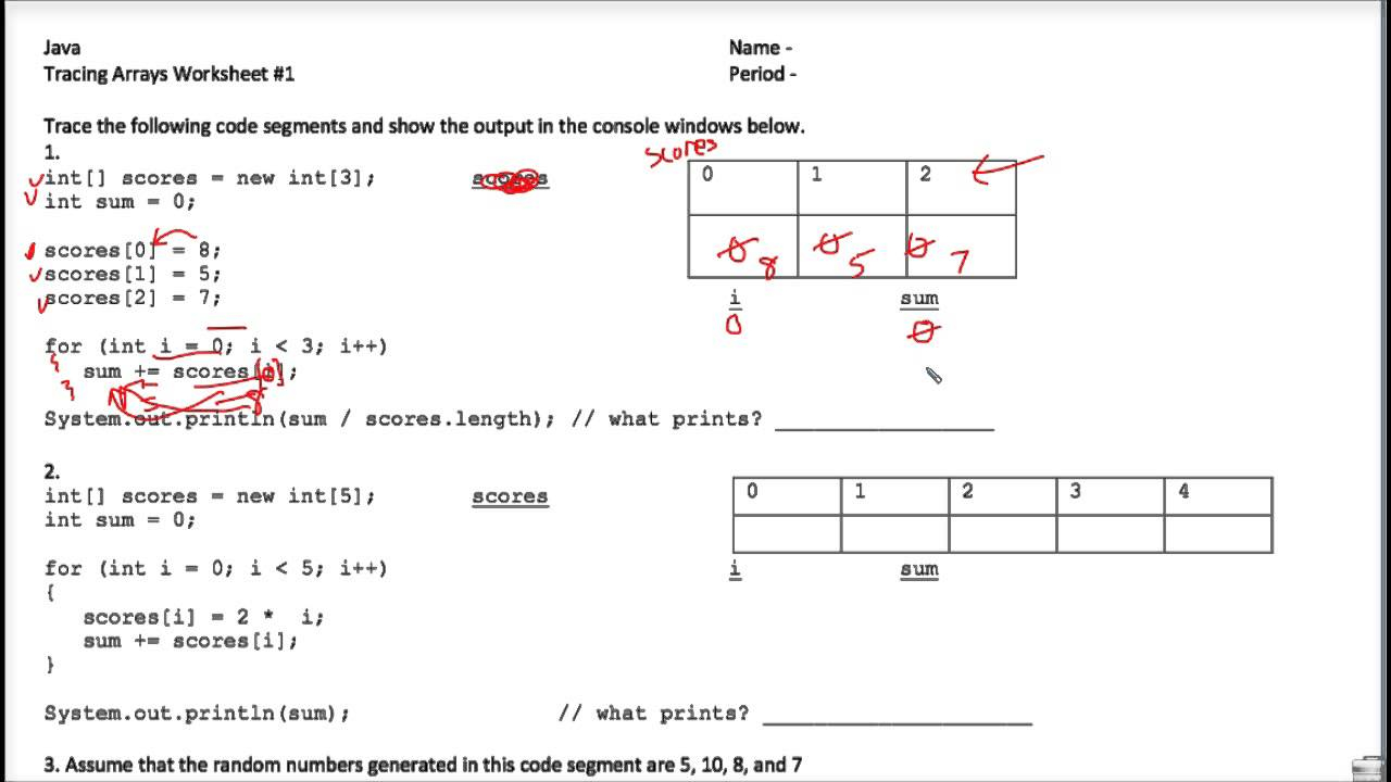 Java Tracing Arrays Worksheet 1