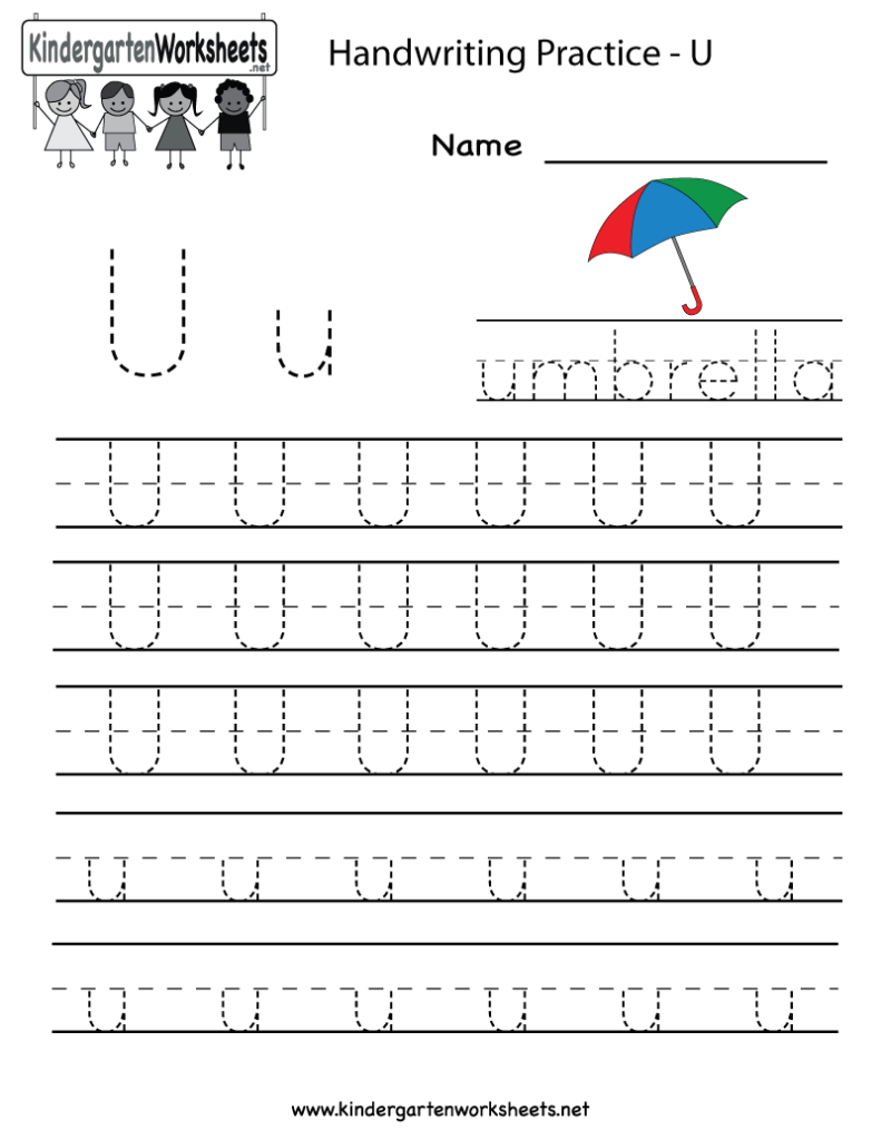 Kindergarten Letter U Writing Practice Worksheet Printable Throughout Letter U Tracing And Writing