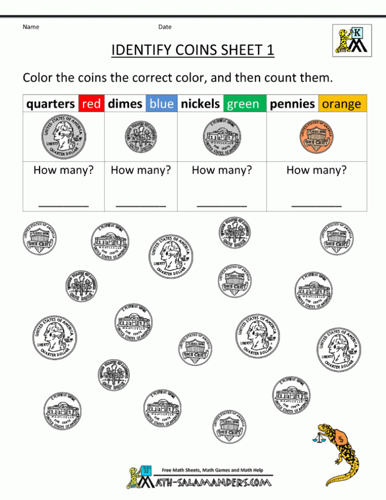 Kindergarten Printable Worksheets Identify Coins 1.gif (800