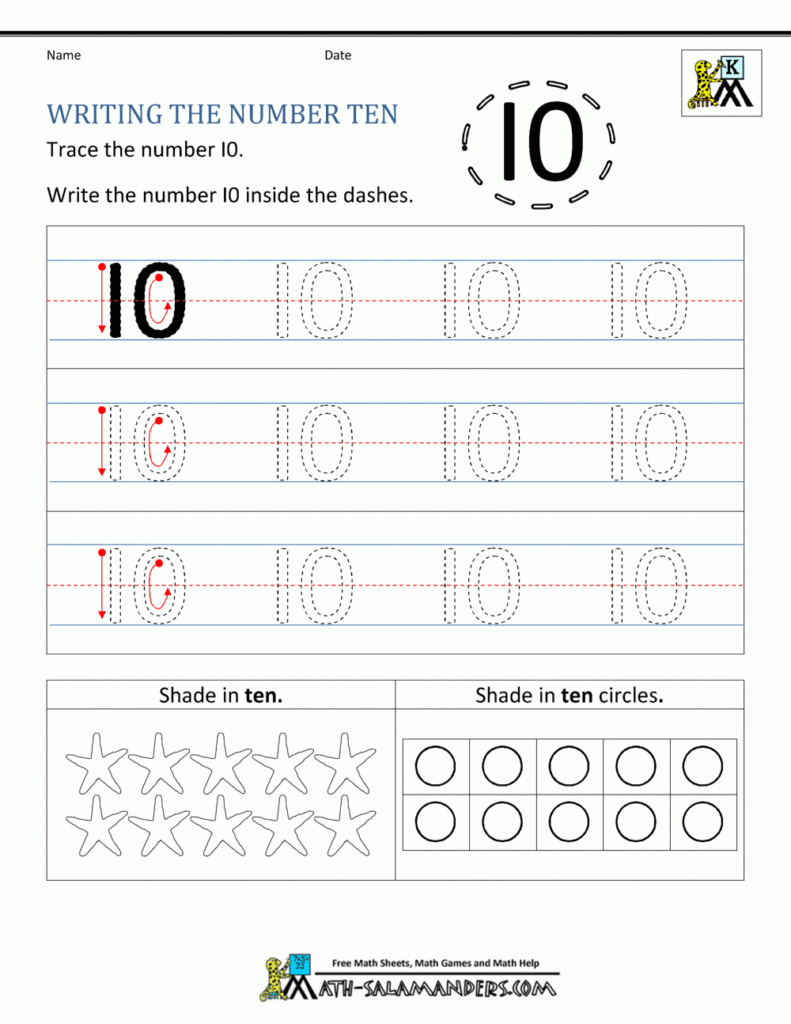 Kindergarten Printable Worksheets   Writing Numbers To 10