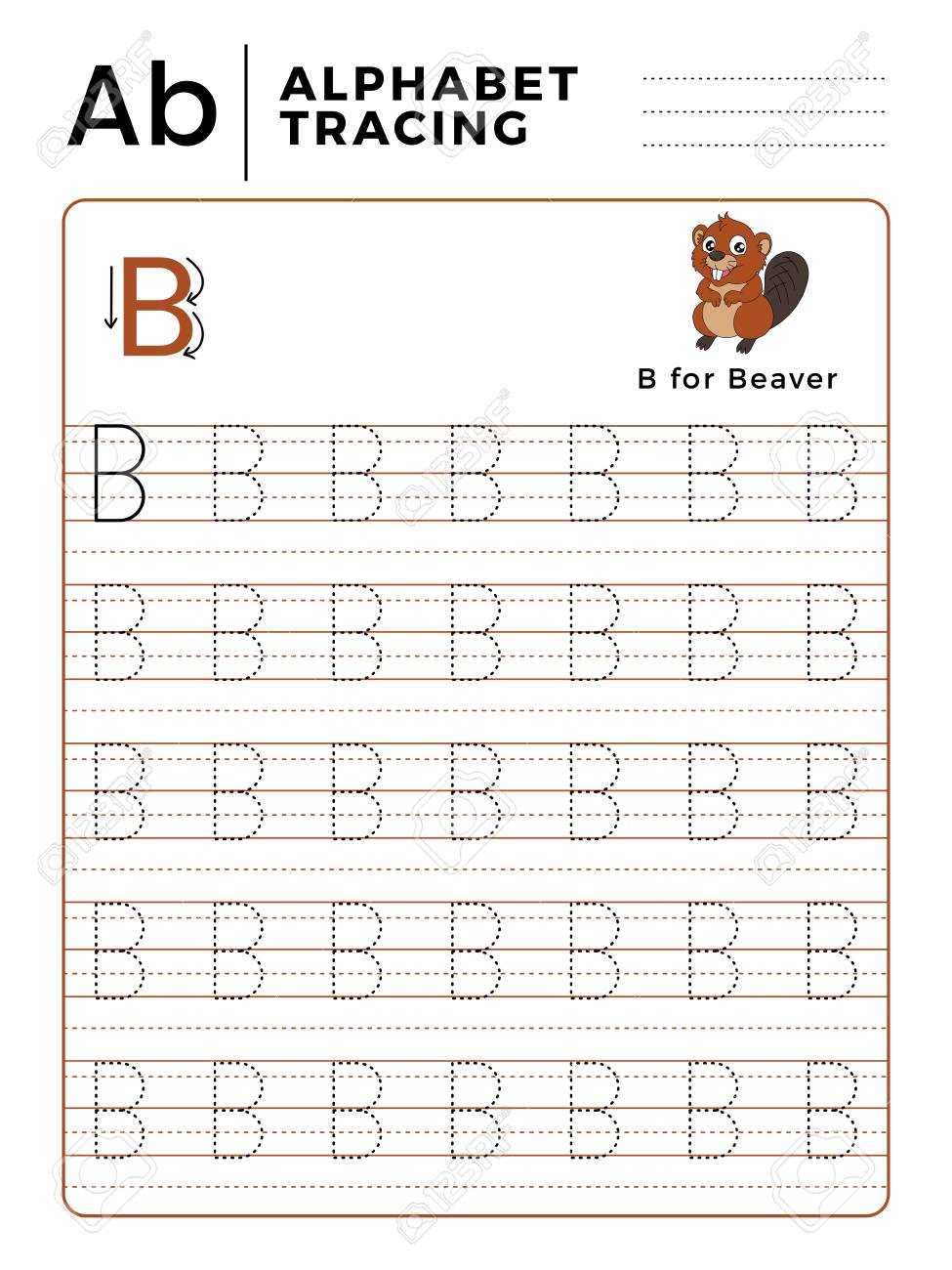 Letter B Alphabet Tracing Book With Example And Funny Beaver..