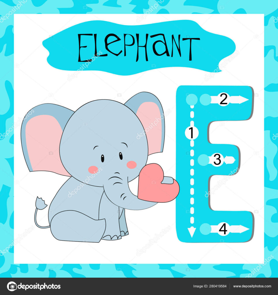 Letter E Uppercase Cute Children Colorful Zoo And Animals Abc Alphabet  Tracing Flashcard Of Elephant For Kids Learning English Vocabulary And Inside Alphabet Tracing Flashcards