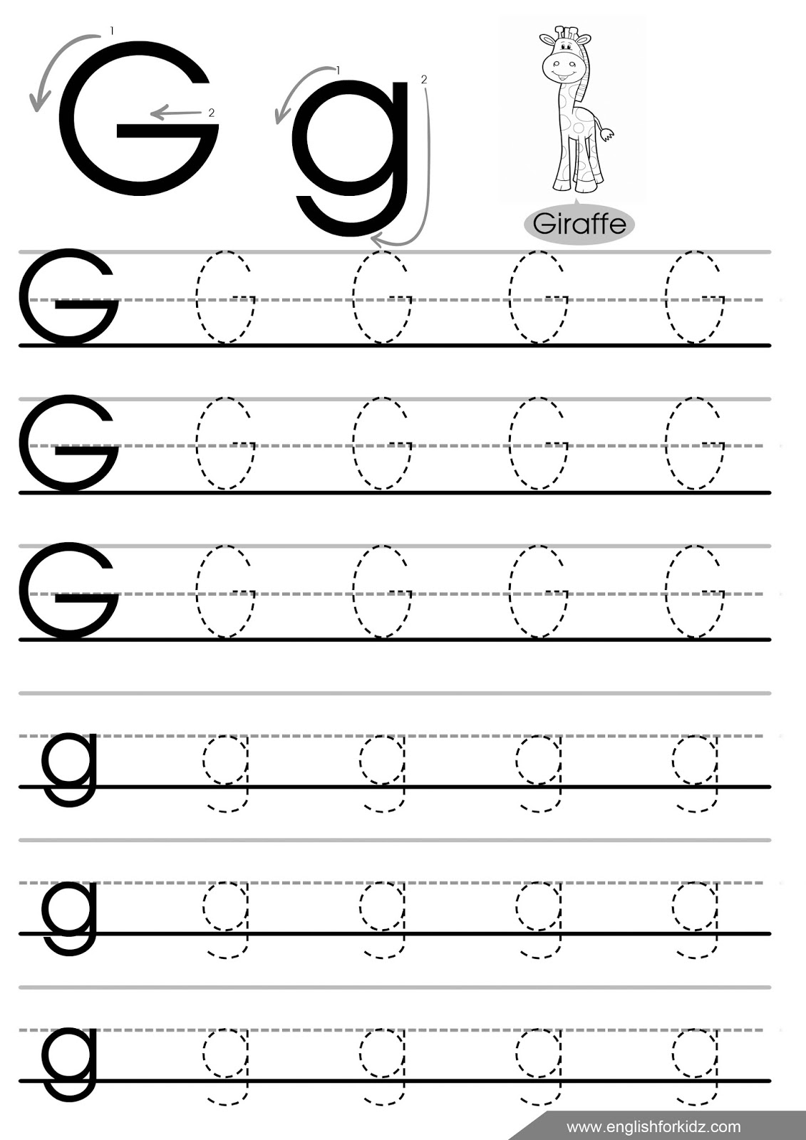 Letter G Worksheets, Flash Cards, Coloring Pages regarding Letter G Tracing Printable