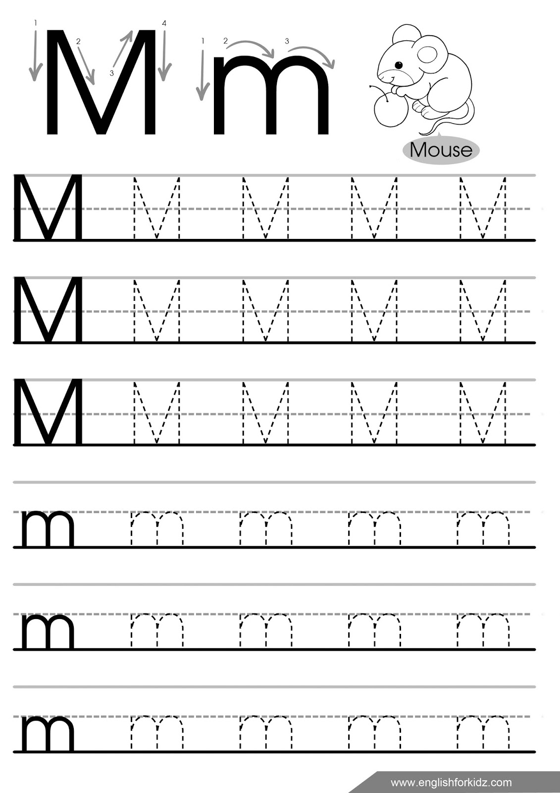 Letter M Worksheets, Flash Cards, Coloring Pages with Letter M Tracing Worksheet
