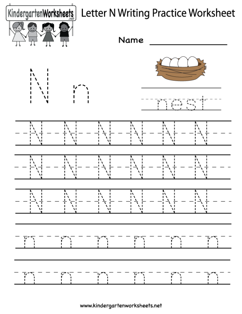 Letter N Writing Practice Worksheet   Free Kindergarten