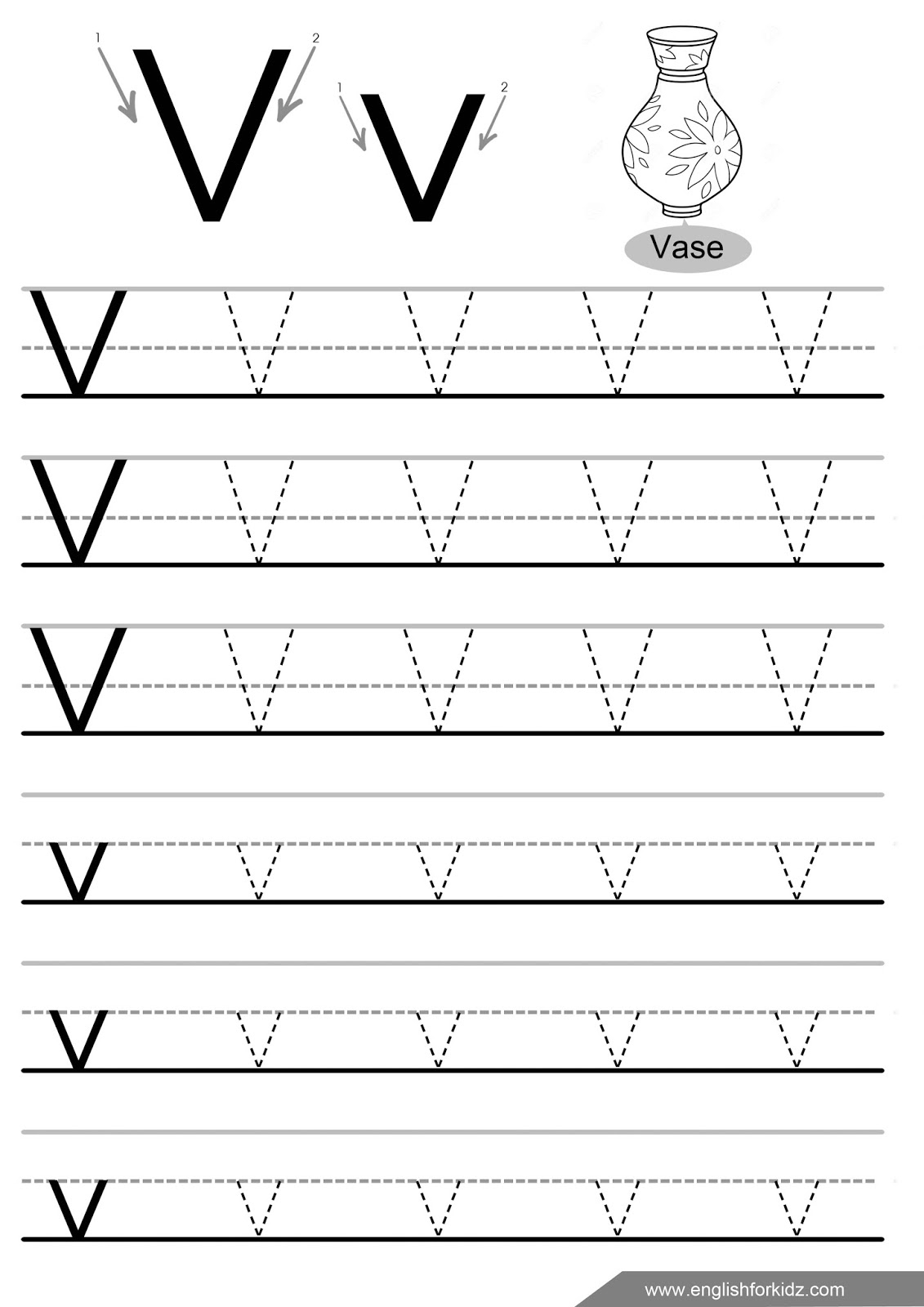 Letter Tracing Worksheets (Letters U - Z) for Letter V Tracing Practice