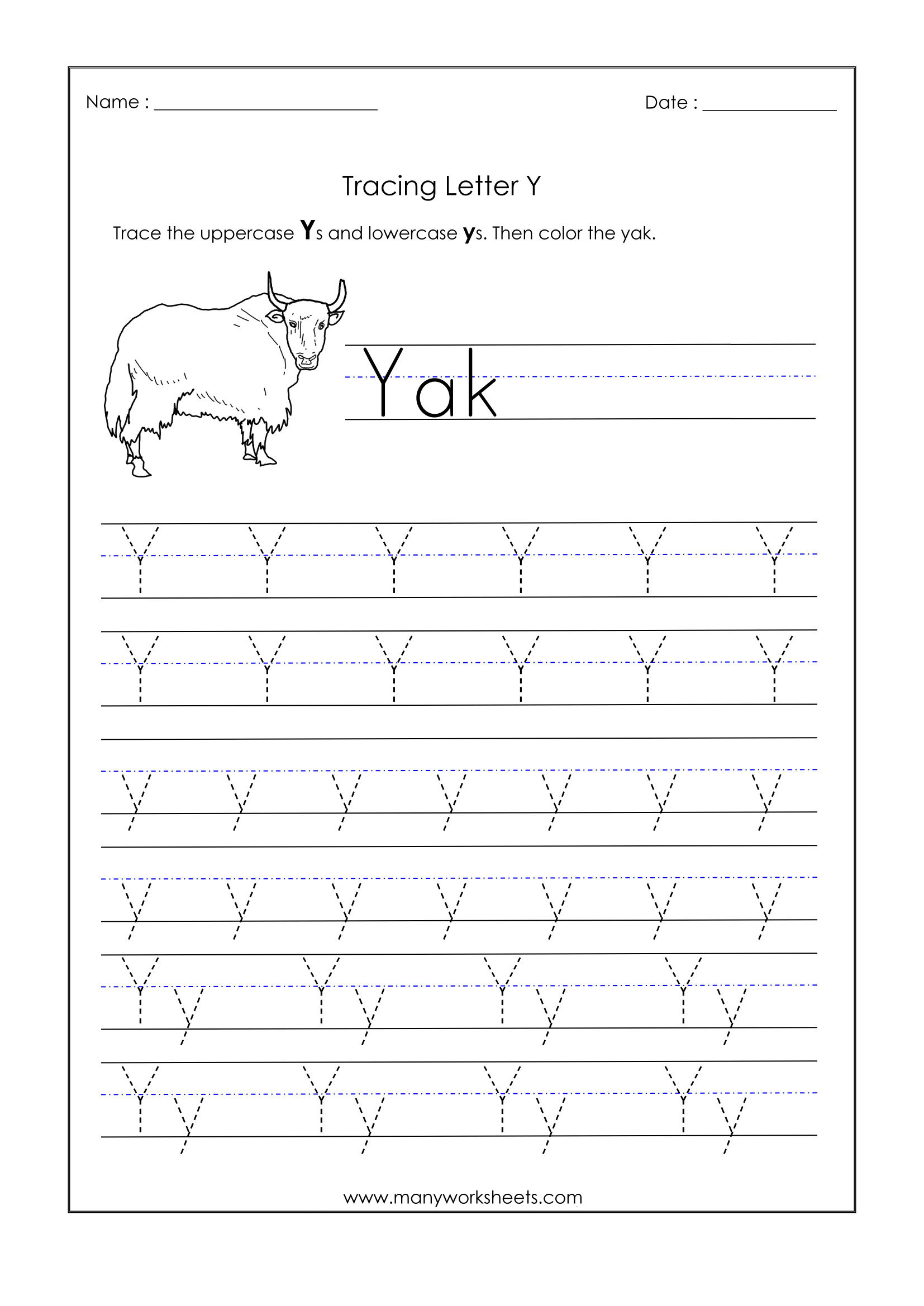 Letter Y Worksheets For Kindergarten – Trace Dotted Letters with Y Letter Tracing