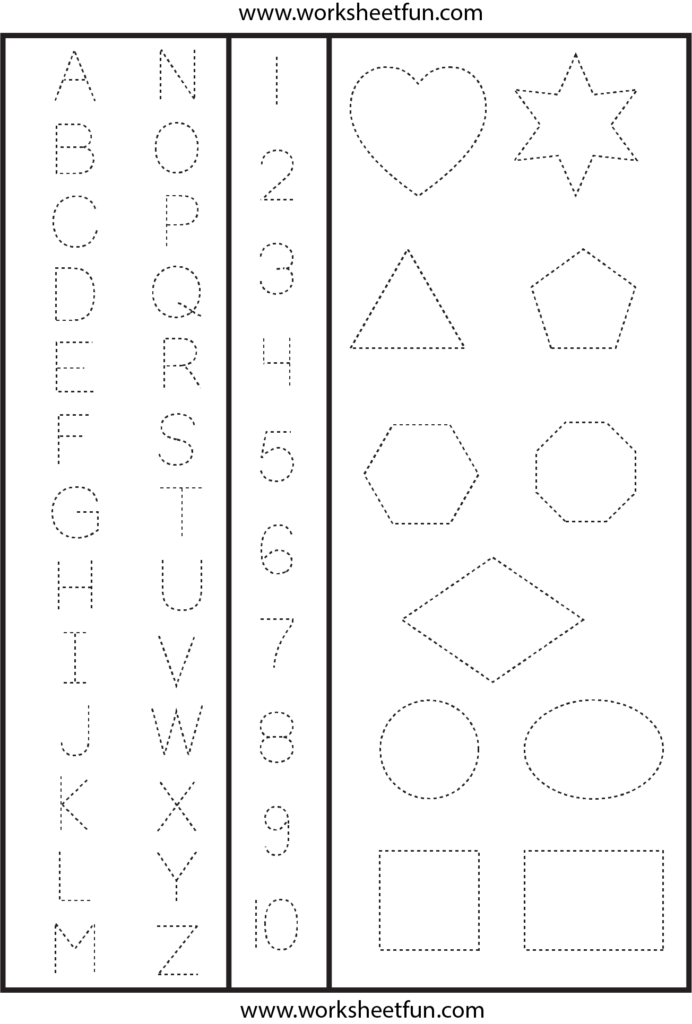 Letters, Numbers And Shapes Tracing Worksheet | Shape Letters, Numbers And Shapes Tracing Worksheet | Shape