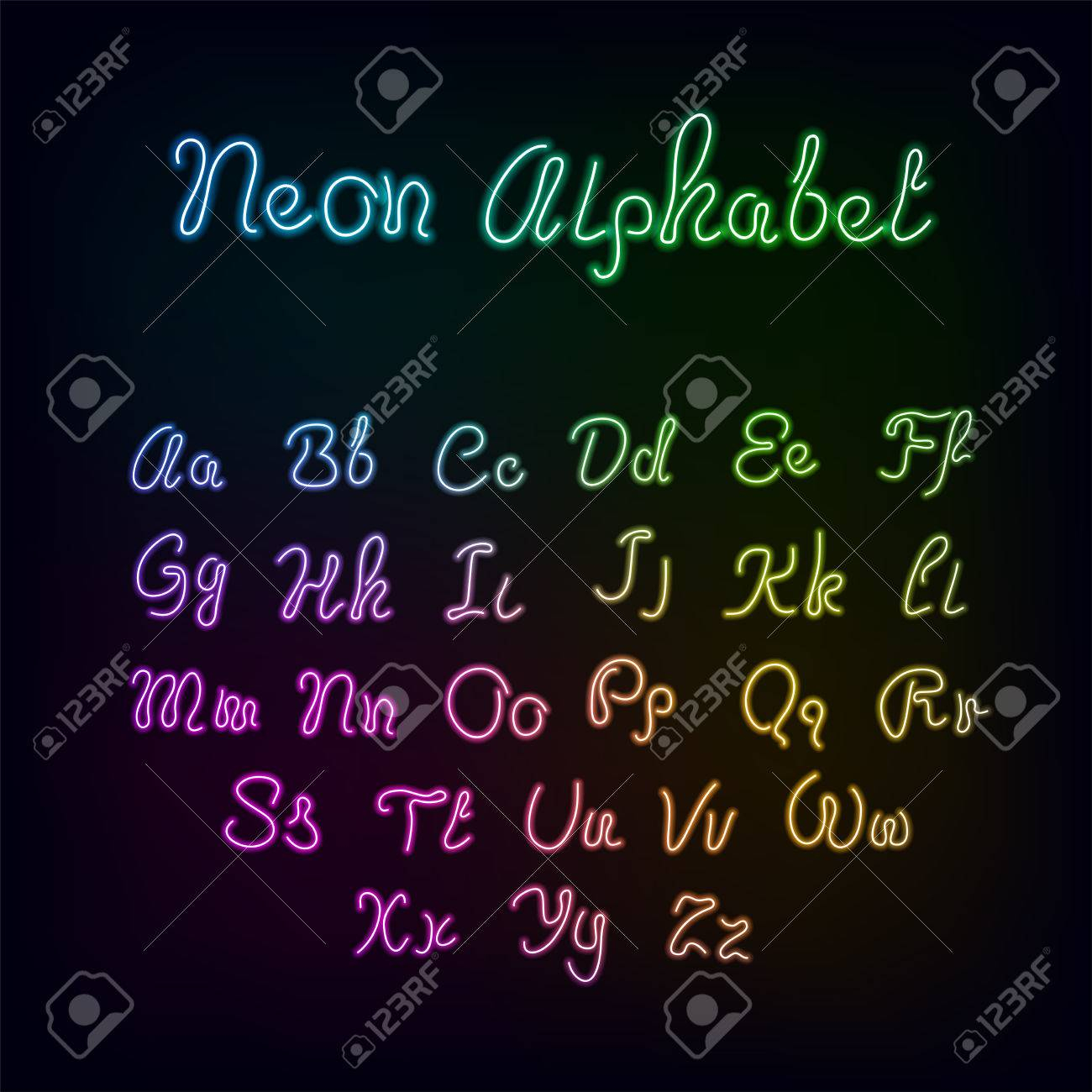 Neon Rainbow Color Glow Alphabet., Vector Realistic Color Dodge..