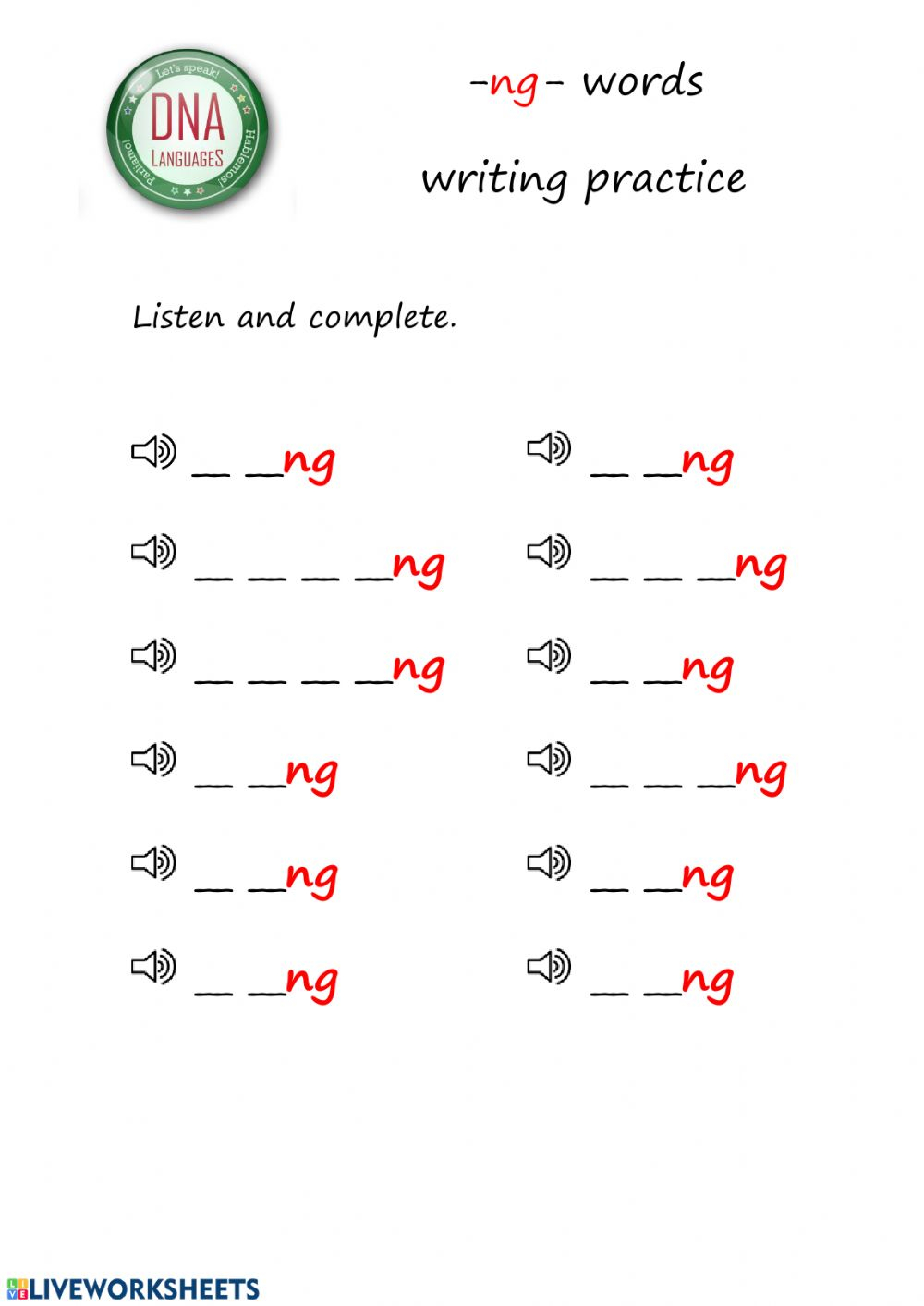Ng- Words Writing Practice (Easy) Worksheet with regard to Letter Ng Worksheets