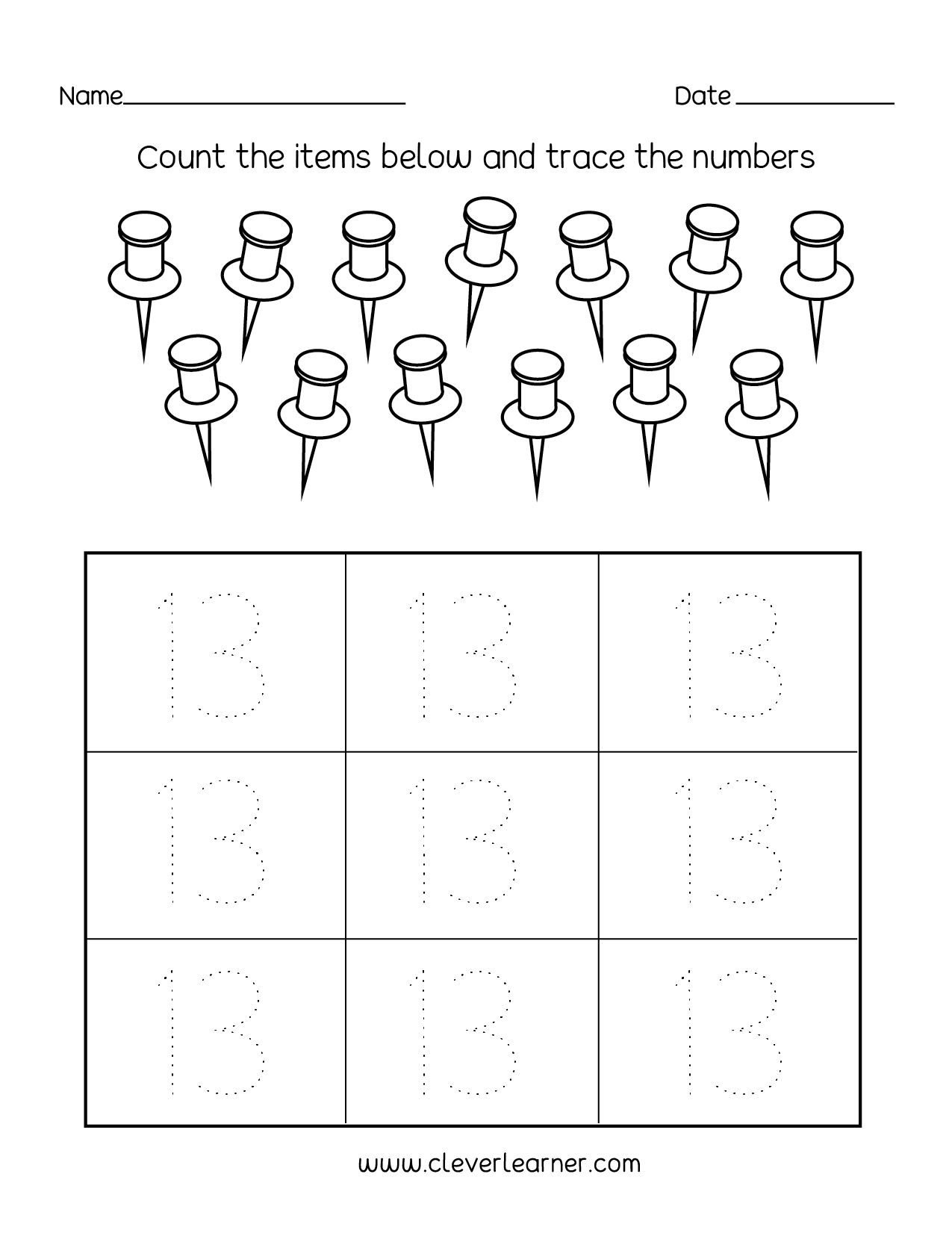 Number 13 Writing, Counting And Identification Printable