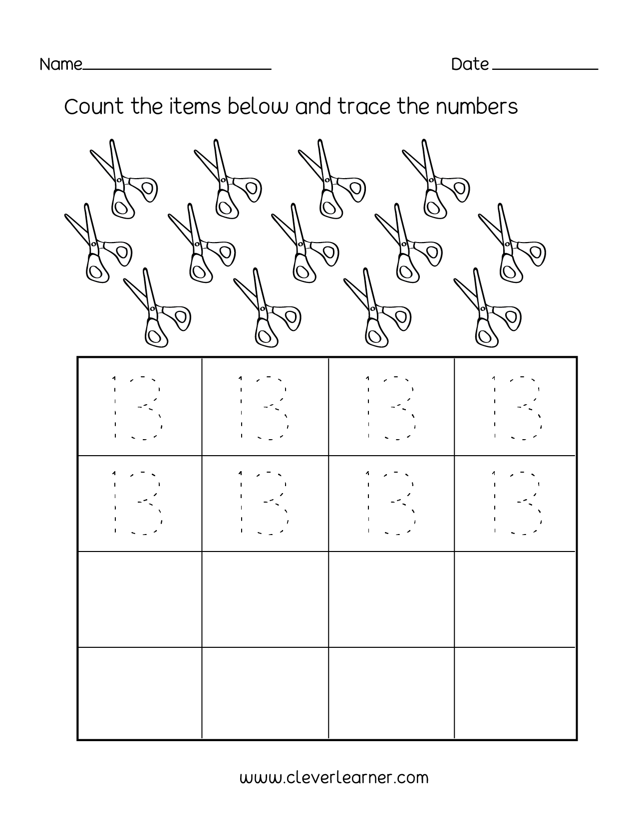 Number 13 Writing, Counting And Identification Printable