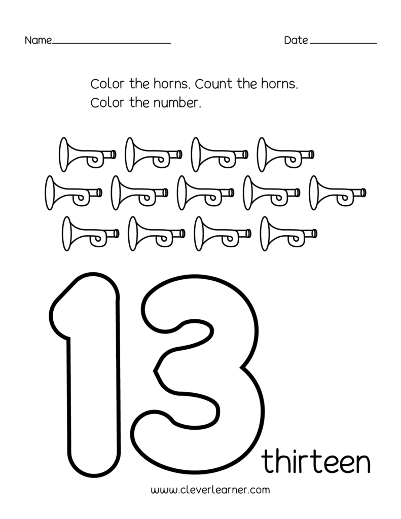 Number 13 Writing, Counting And Identification Printable