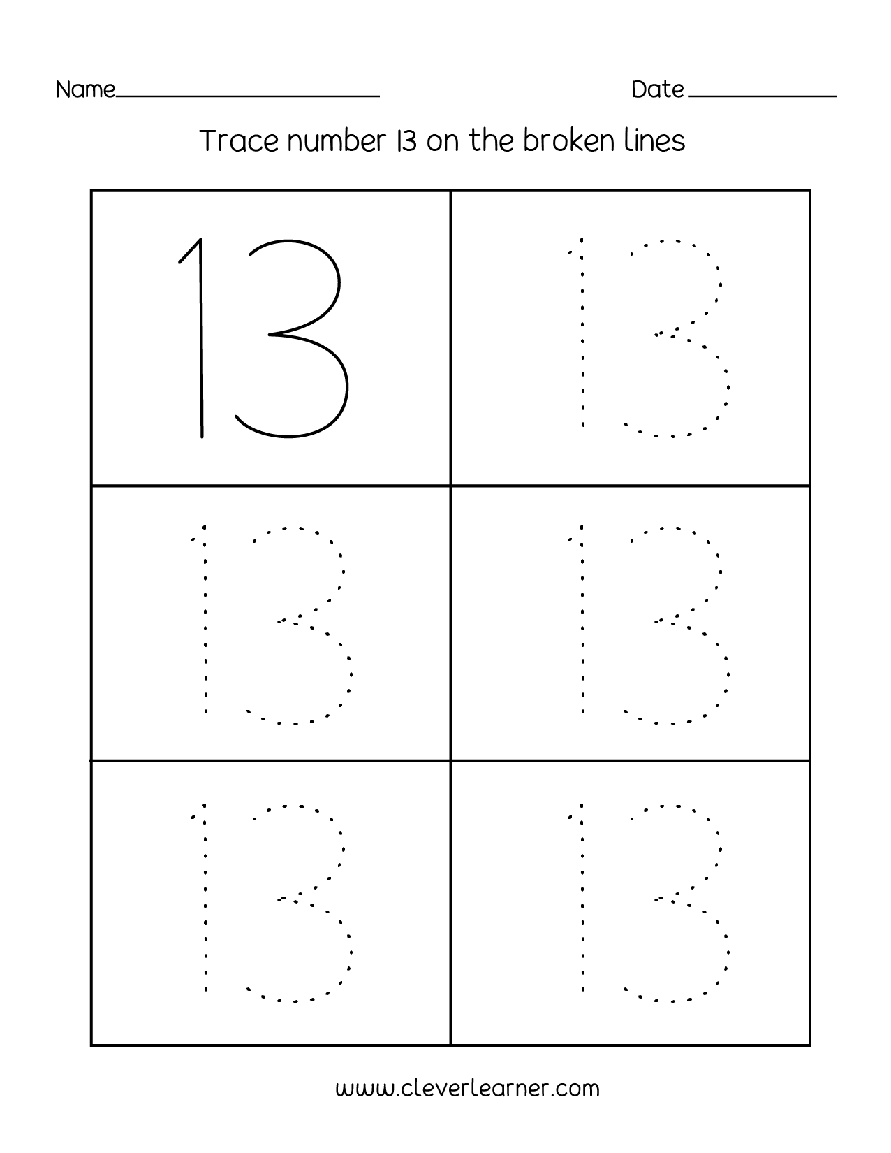 Number 13 Writing, Counting And Identification Printable