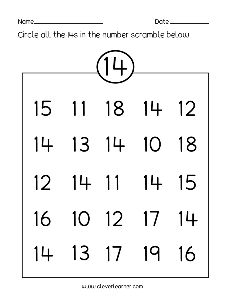 Number 14 Writing, Counting And Identification Printable