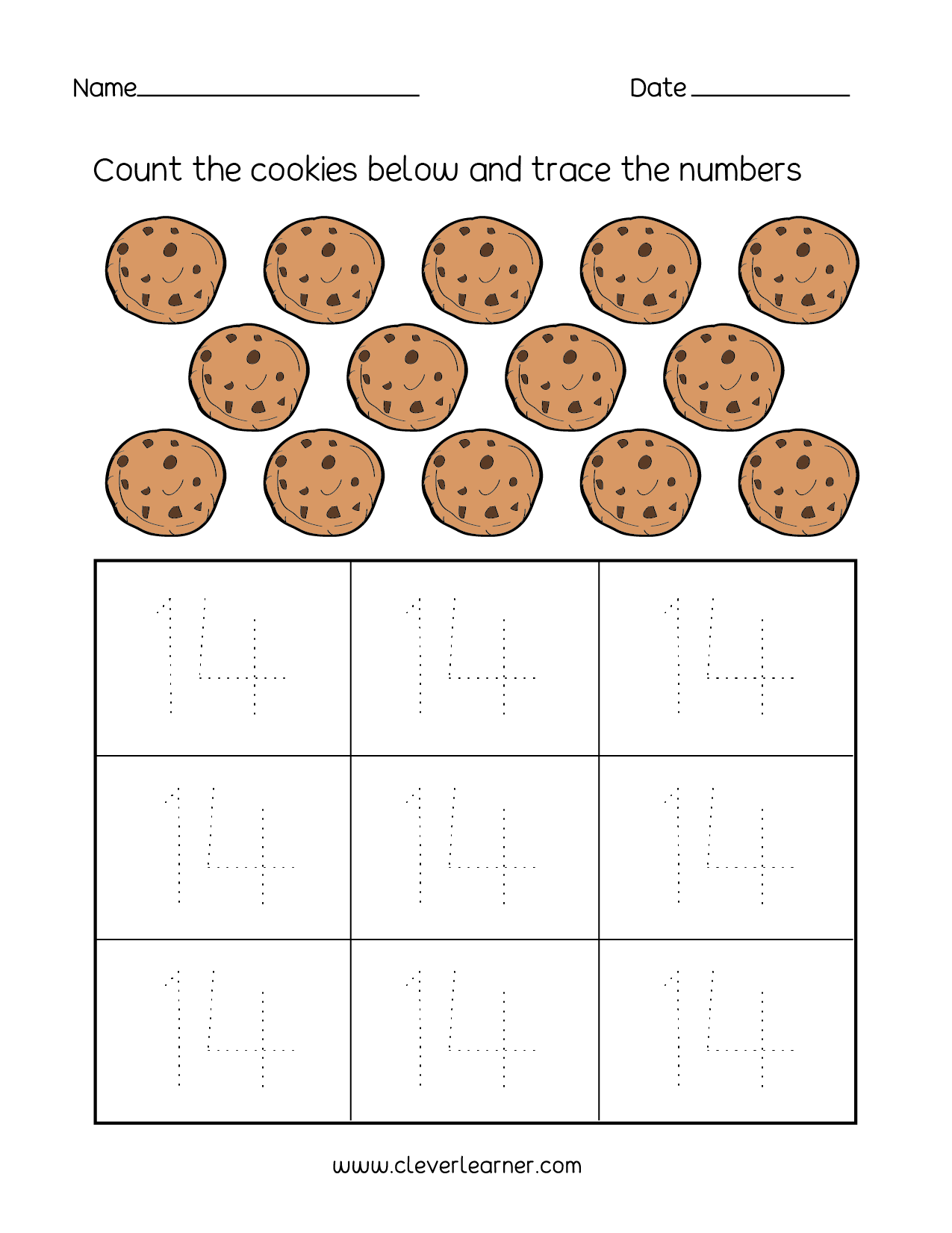 Number 14 Writing, Counting And Identification Printable