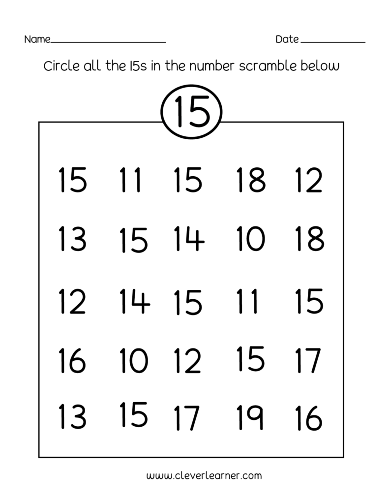 Number 15 Writing, Counting And Identification Printable
