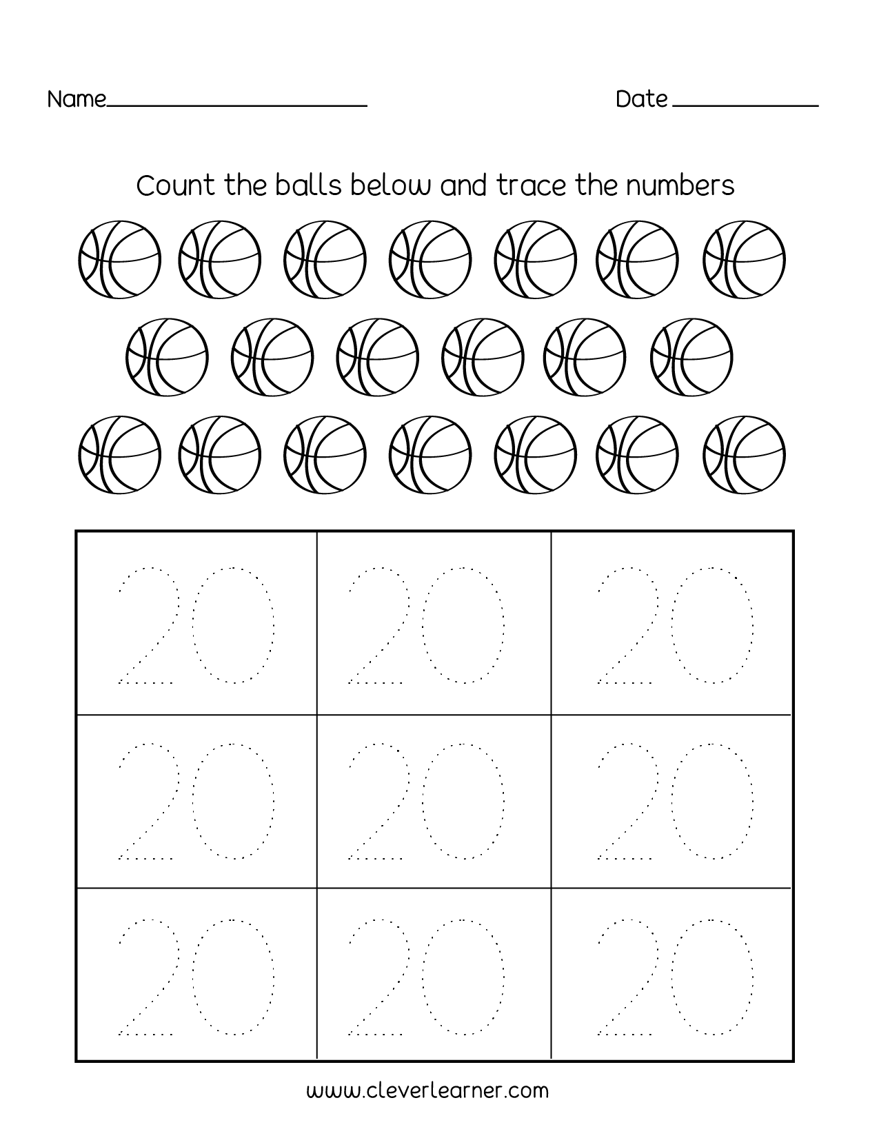 Number 20 Writing, Counting And Identification Printable