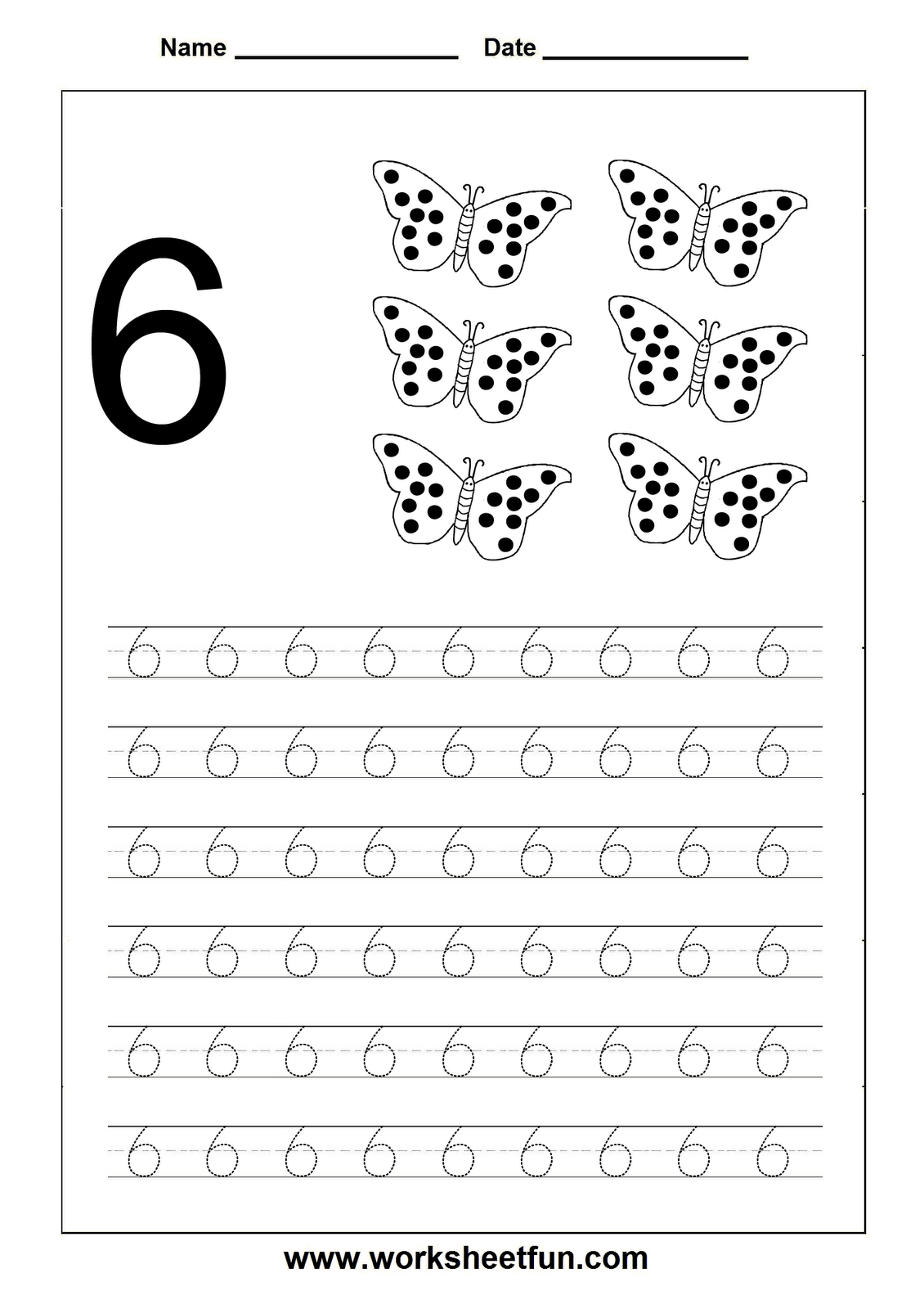 Number Tracing Worksheet - 6 | Fichas De Trabalho