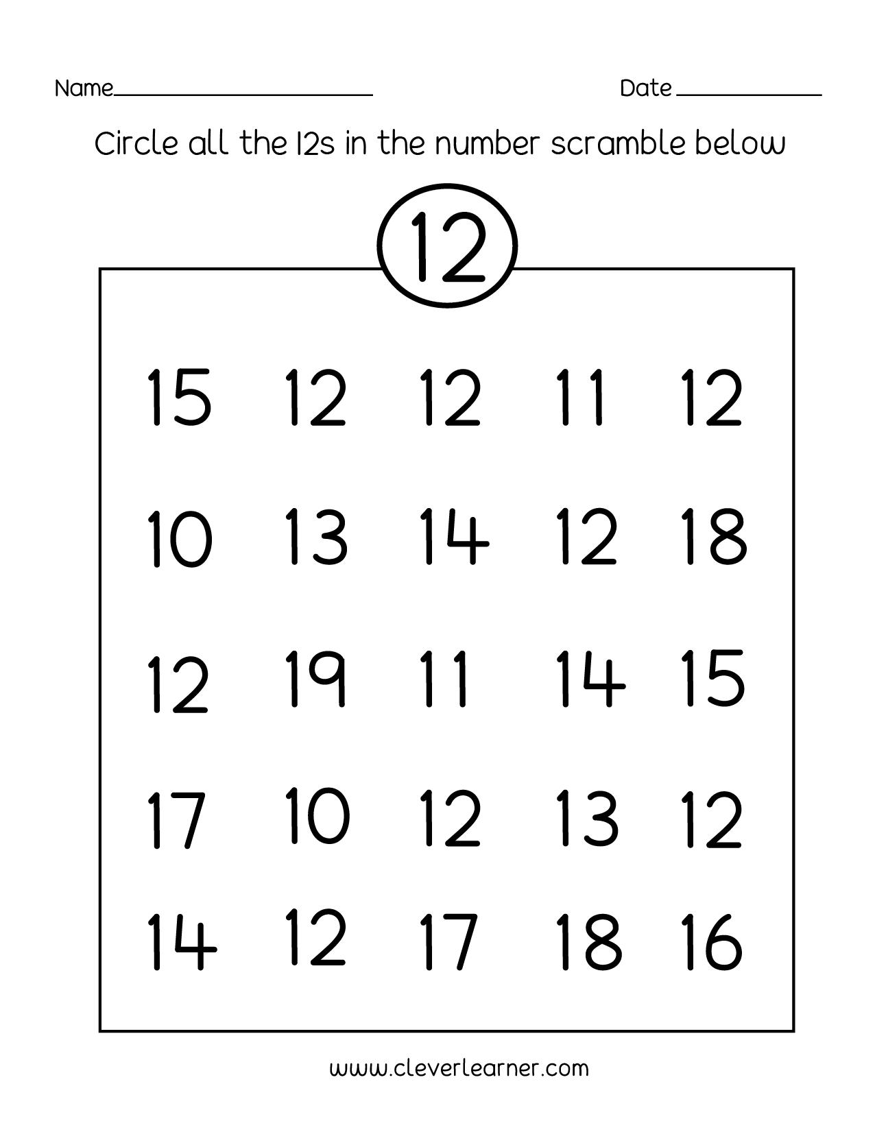 Number Twelve Writing, Counting And Identification Printable