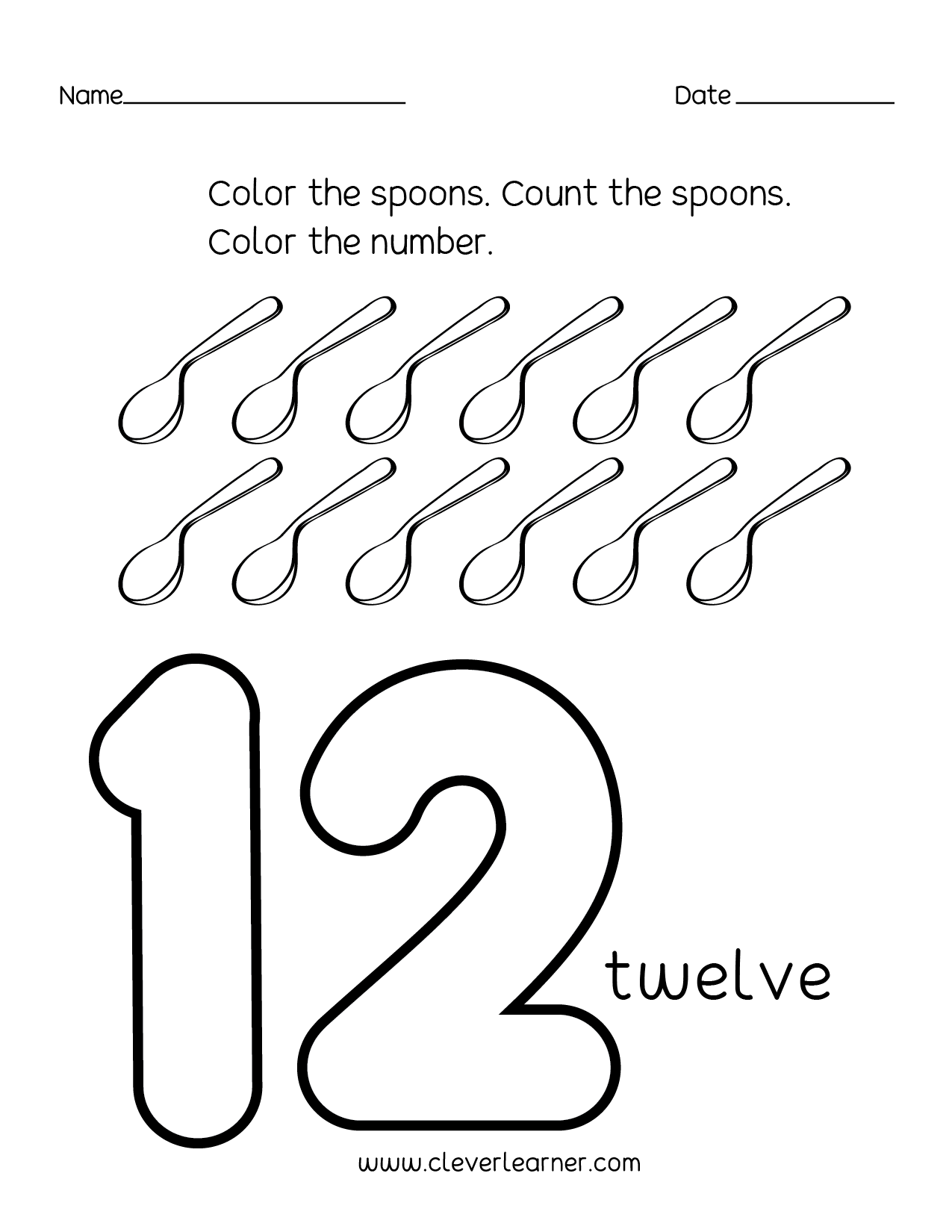 Number Twelve Writing, Counting And Identification Printable