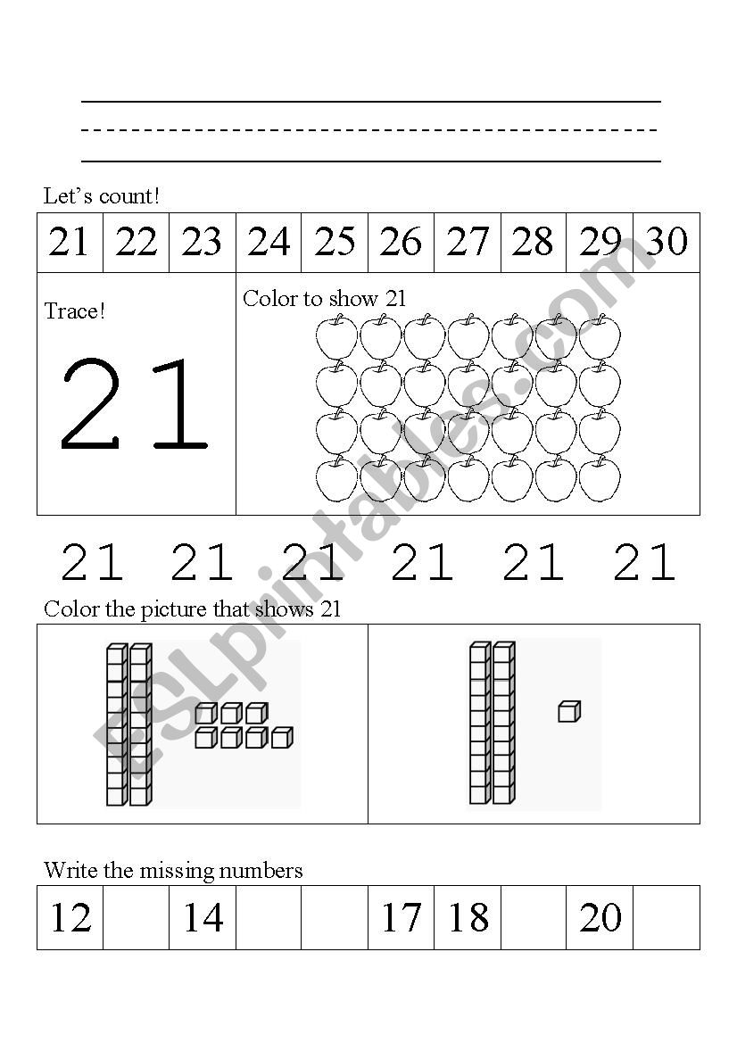 Tracing Number 21 Worksheet | AlphabetWorksheetsFree.com