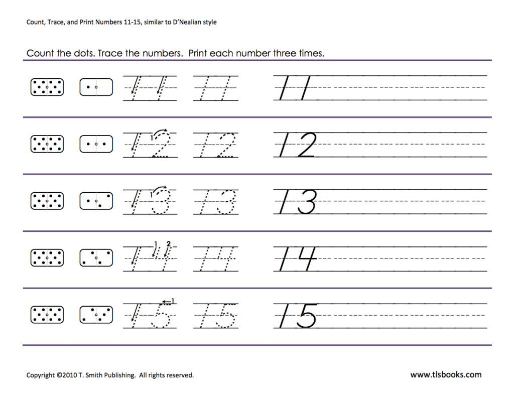 Numbers Tracing: 11 15 | Kindergarten Math Worksheets
