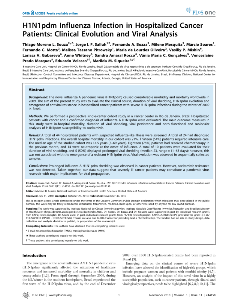 Pdf) H1N1Pdm Influenza Infection In Hospitalized Cancer