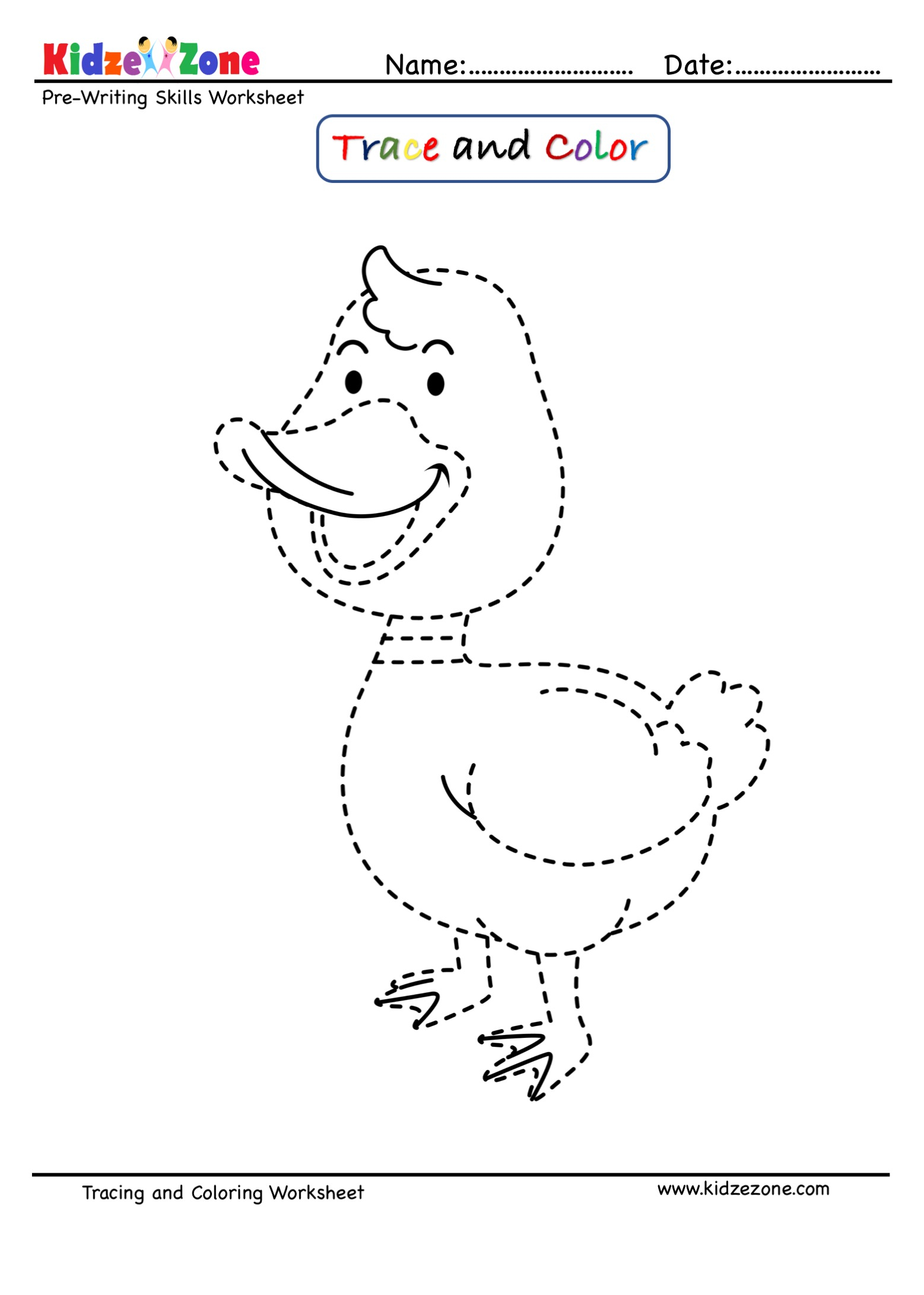 Pre-Writing Trace And Color Worksheet : Duck Cartoon - Kidzezone